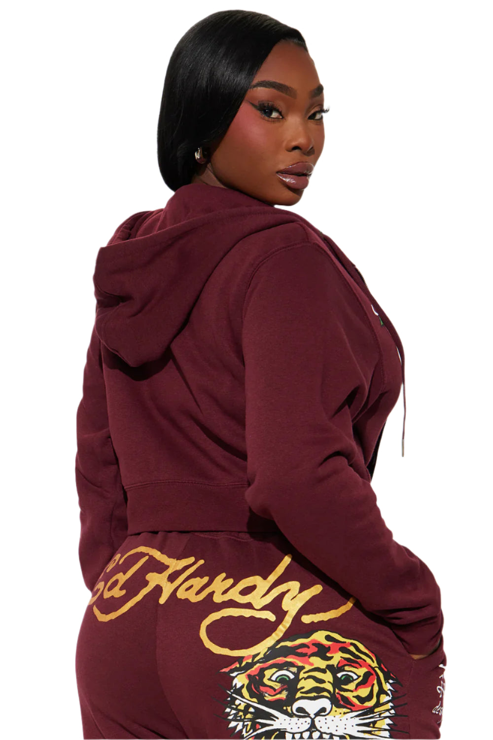 RETRO TIGER ED HARDY SET CROP TOP & WIDE LEG BOTTOM - BURGUNDY