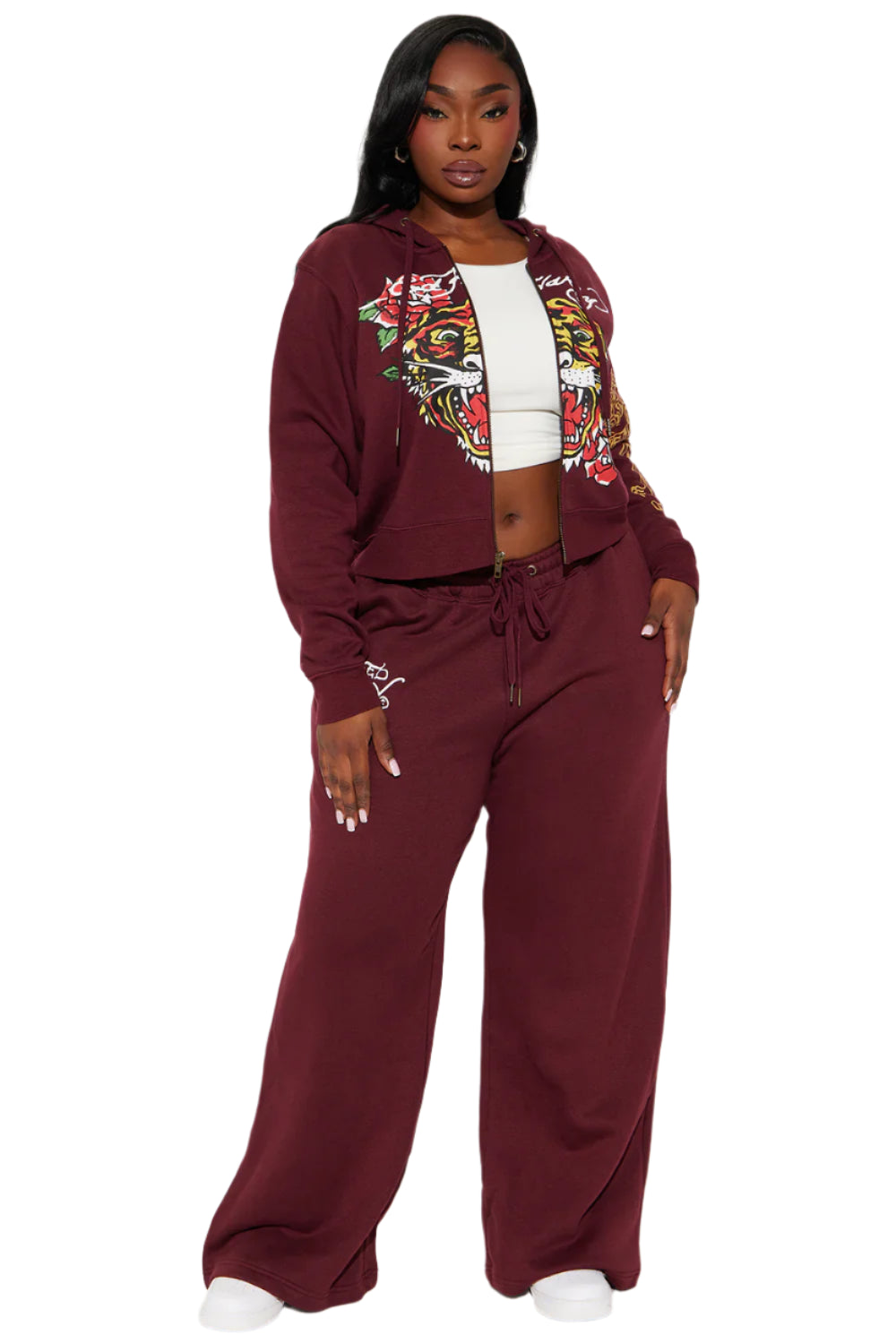 RETRO TIGER ED HARDY SET CROP TOP & WIDE LEG BOTTOM - BURGUNDY