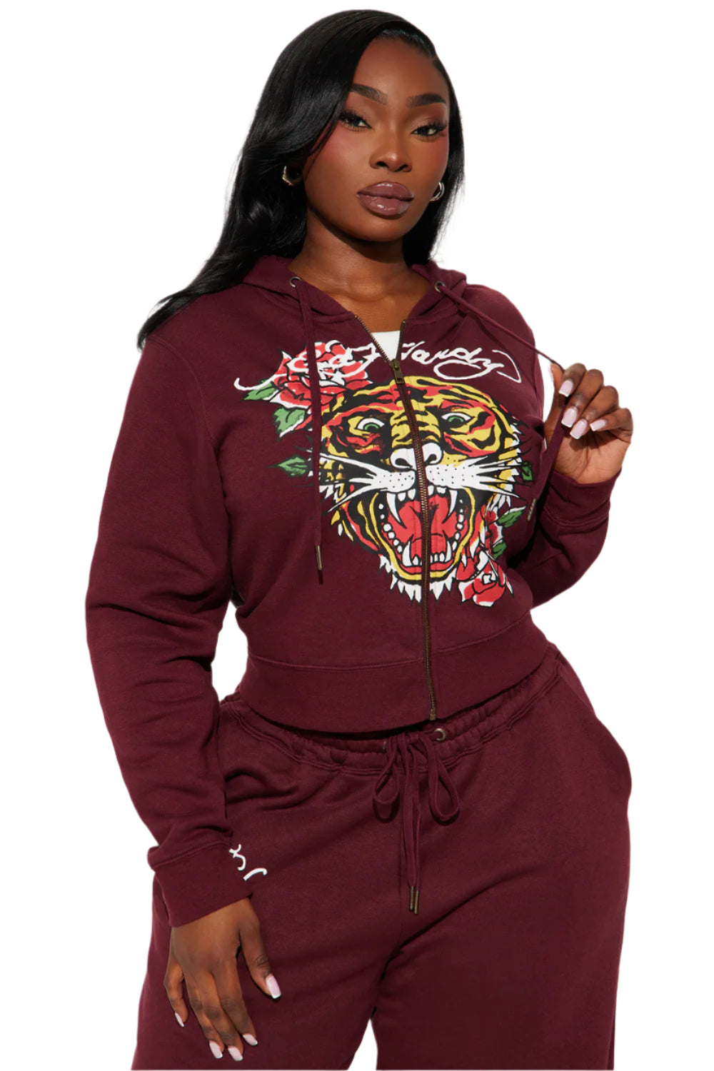 RETRO TIGER ED HARDY SET CROP TOP & WIDE LEG BOTTOM - BURGUNDY