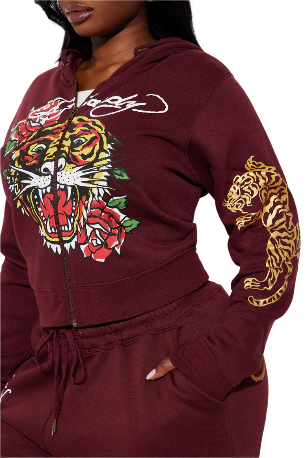 RETRO TIGER ED HARDY SET CROP TOP & WIDE LEG BOTTOM - BURGUNDY