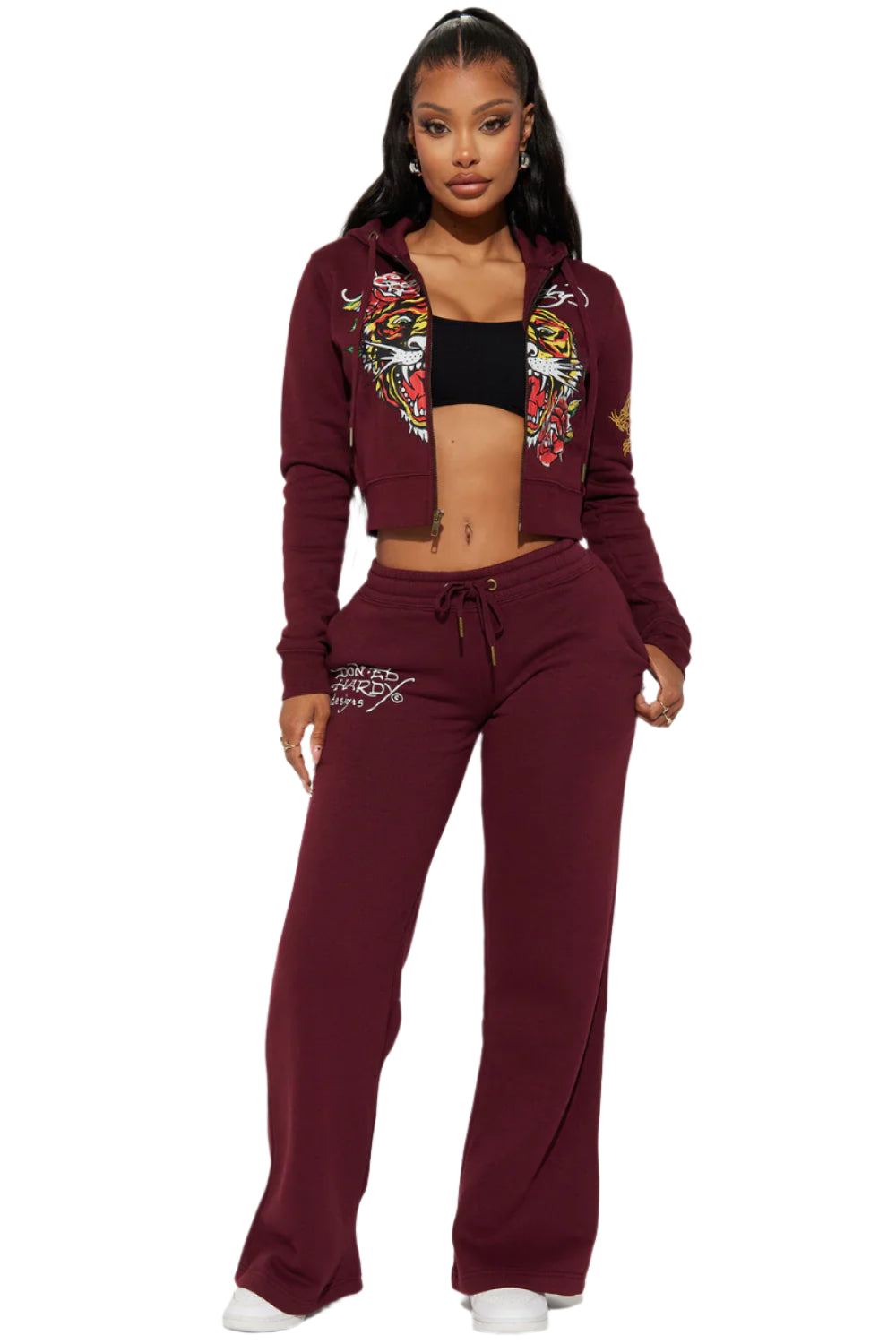 RETRO TIGER ED HARDY SET CROP TOP & WIDE LEG BOTTOM - BURGUNDY