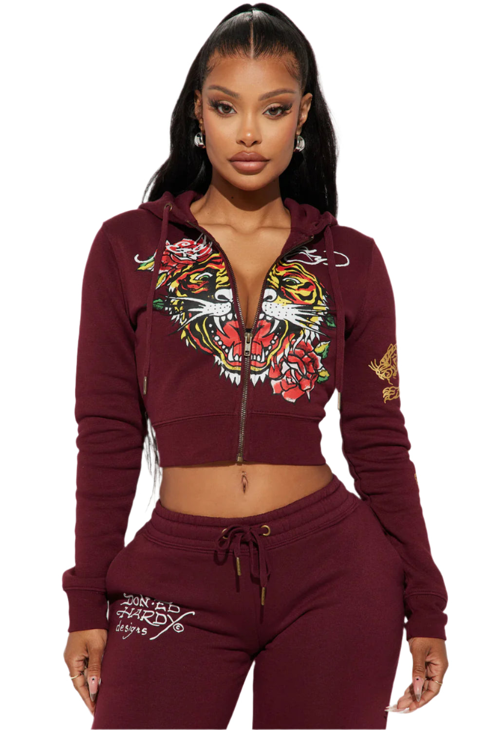 RETRO TIGER ED HARDY SET CROP TOP & WIDE LEG BOTTOM - BURGUNDY