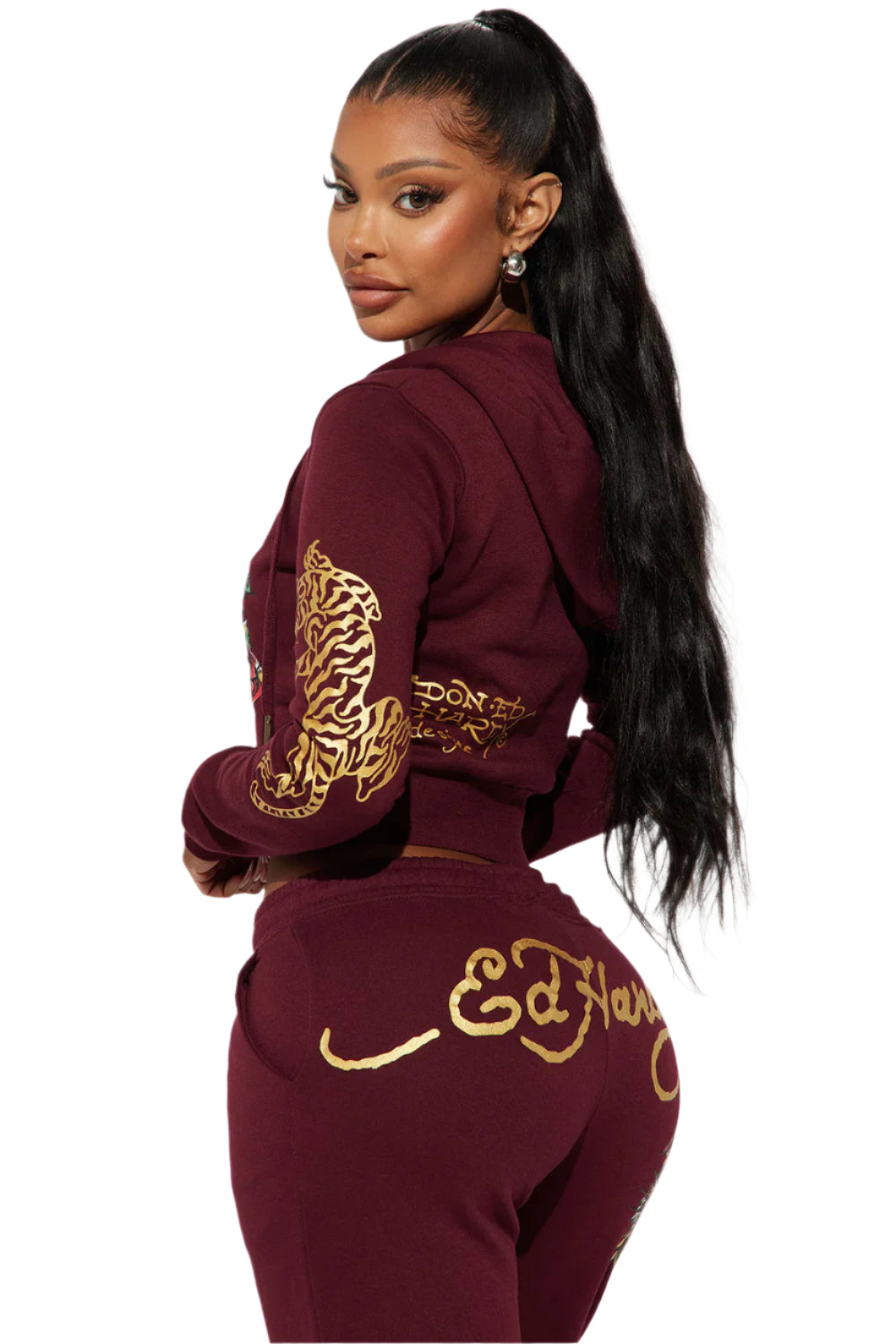 RETRO TIGER ED HARDY SET CROP TOP & WIDE LEG BOTTOM - BURGUNDY