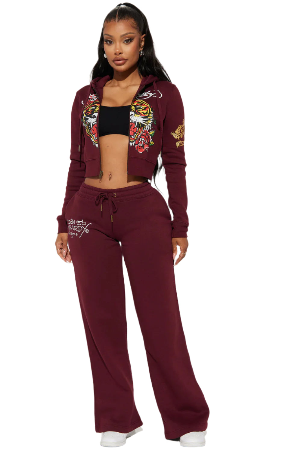RETRO TIGER ED HARDY SET CROP TOP & WIDE LEG BOTTOM - BURGUNDY