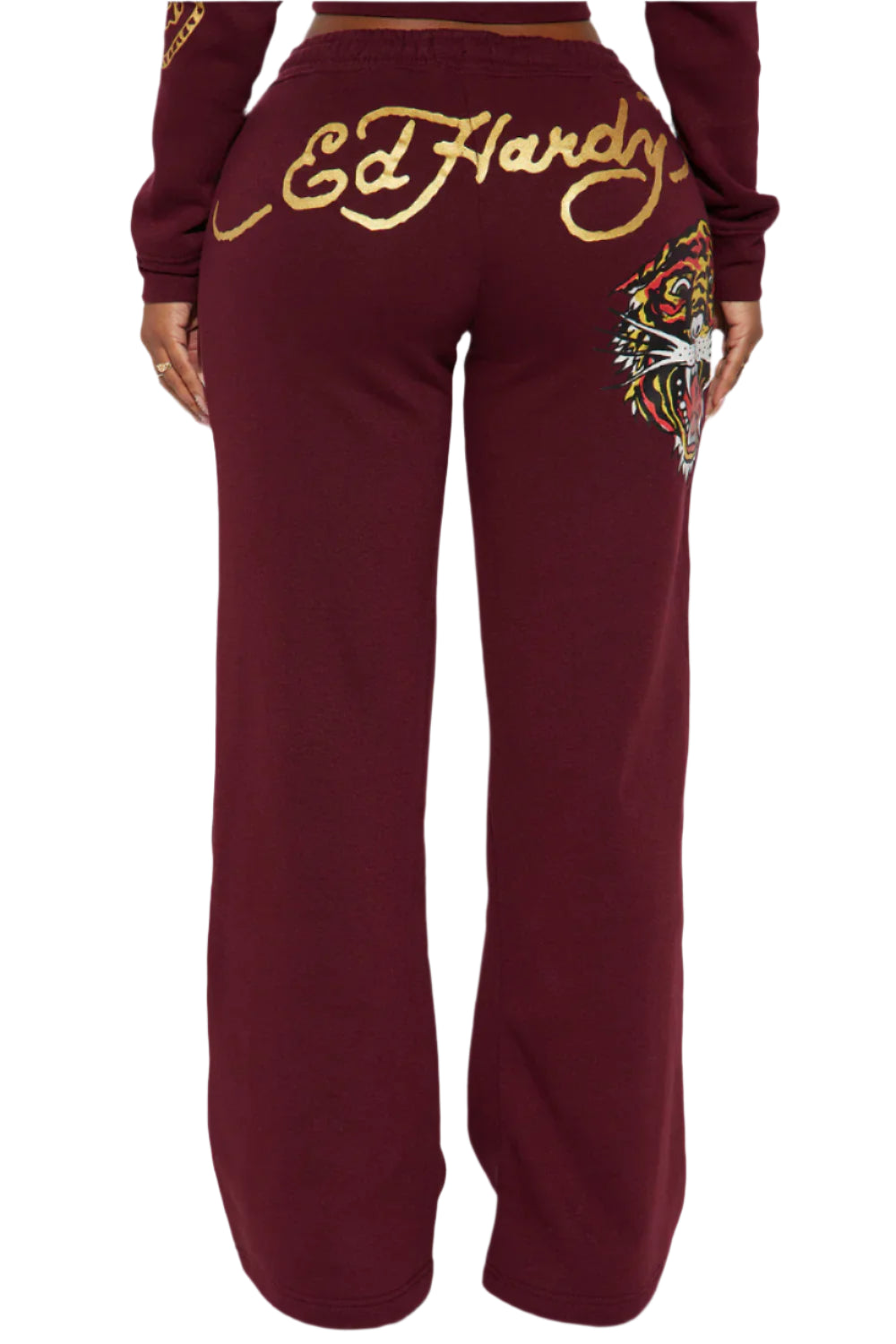 RETRO TIGER ED HARDY SET CROP TOP & WIDE LEG BOTTOM - BURGUNDY